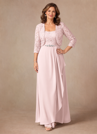 Blush Pink A-Line Mother of the Bride Dress with Lace Jacket and Ruffles