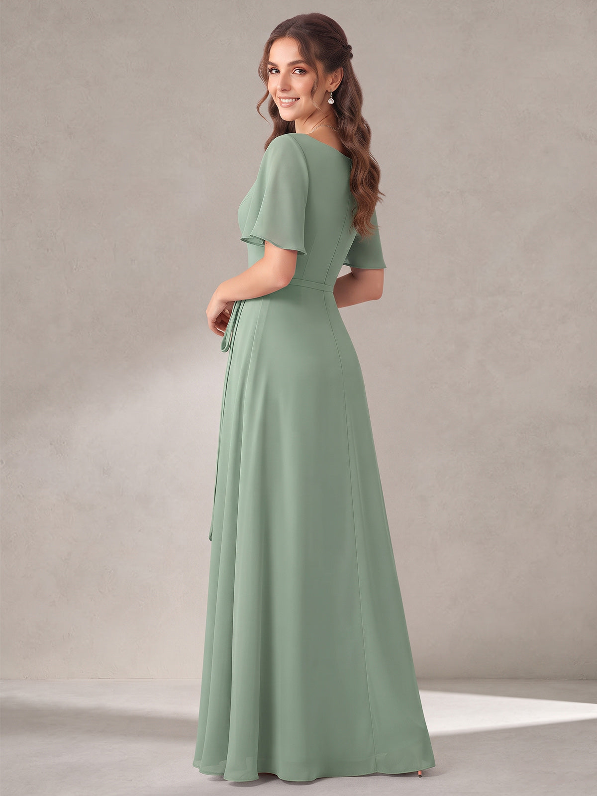 Scoop Neck A-line Chiffon Bridesmaid Dress with Flutter Sleeve & Belt