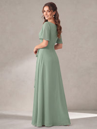 Scoop Neck A-line Chiffon Bridesmaid Dress with Flutter Sleeve & Belt