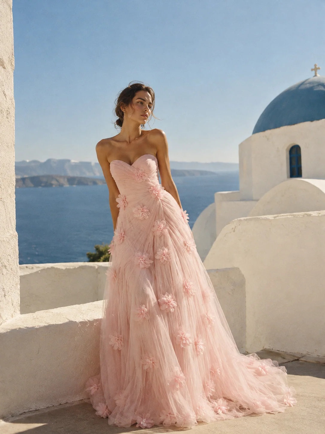 3D Floral Applique Strapless Tulle Prom Dress with High Slit