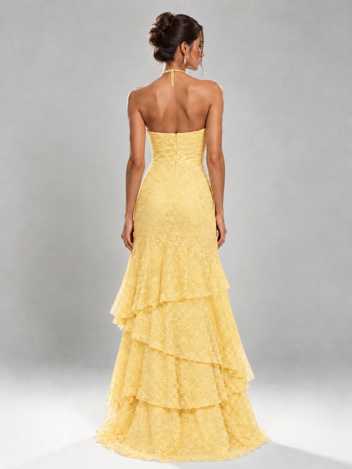 Halter Tiered Mermaid Prom Dress with Sparkly Lace