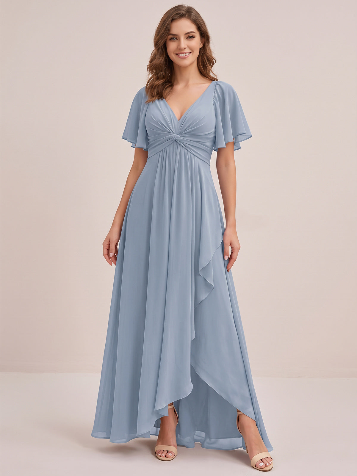 Dusty Blue Chiffon Bridesmaid Dress with Flutter Sleeves & High-Low Hem