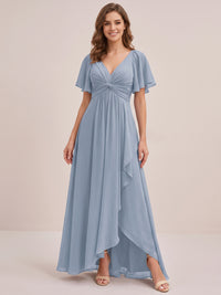Dusty Blue Chiffon Bridesmaid Dress with Flutter Sleeves & High-Low Hem