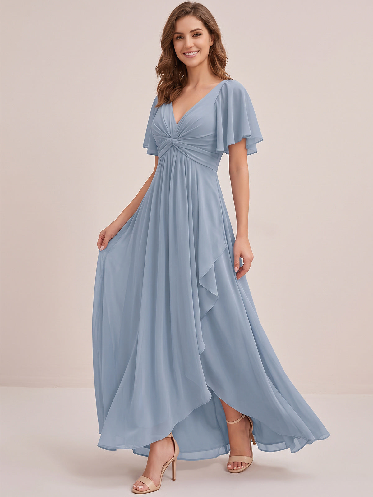 Dusty Blue Chiffon Bridesmaid Dress with Flutter Sleeves & High-Low Hem