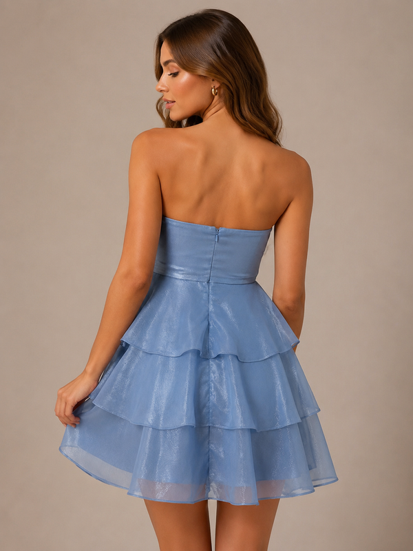 Blue Strapless Tiered Ruffles Tulle Homecoming Dress