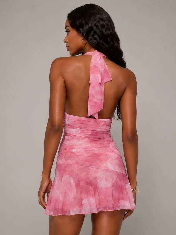 Hot Pink Floral Satin V Neck Homecoming Dress