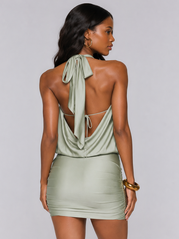 Sage Green Halter Homecoming Dress with Draped Neckline