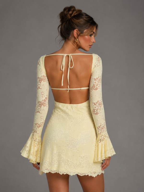 Yellow Lace Homecoming Dress with Long Sleeves
