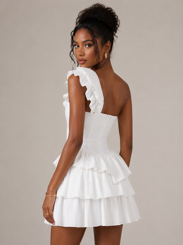 White One Shoulder Mini Dress with Ruffle Detail