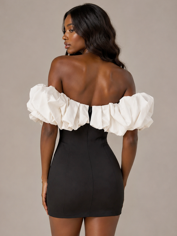 Black and White Satin Off Shoulder Mini Dress