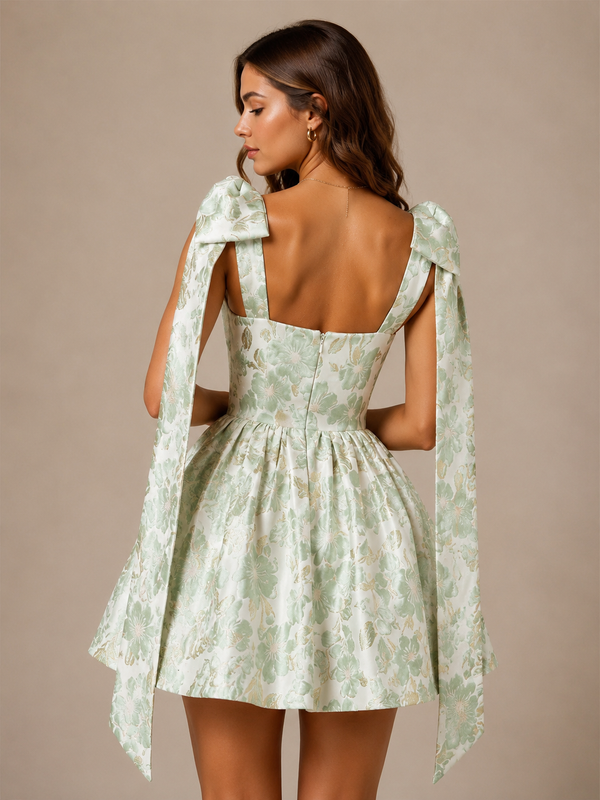 Mint Green Square Neck Floral Satin Mini Dress with Bow