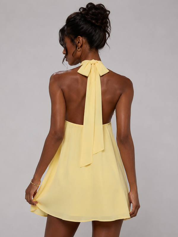 Yellow Halter Chiffon Mini Dress with 3D Rose Applique
