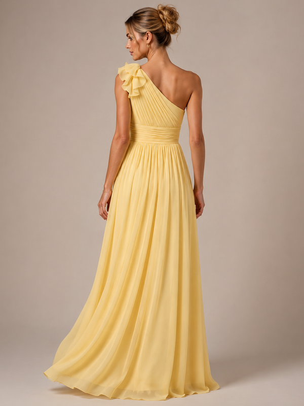 Yellow One Shoulder Chiffon Maxi Dress with Ruffles