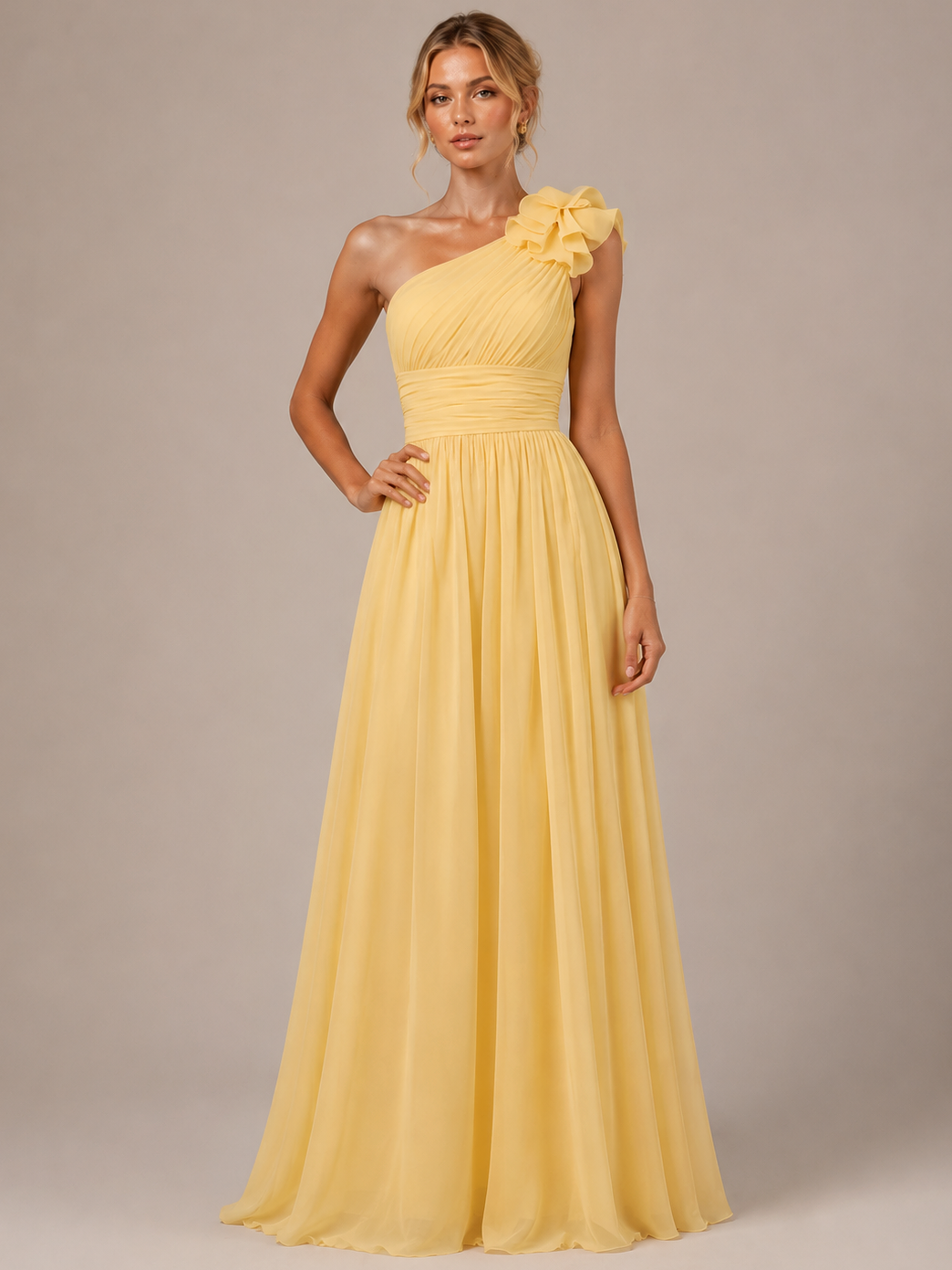 Yellow One Shoulder Chiffon Maxi Dress with Ruffles