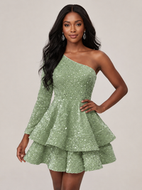 Sage Green One Shouler Sequin Homecoming Dress with Long Sleeve Sparkly Puffy Tiered Mini Prom Dress Cocktail Party Gown