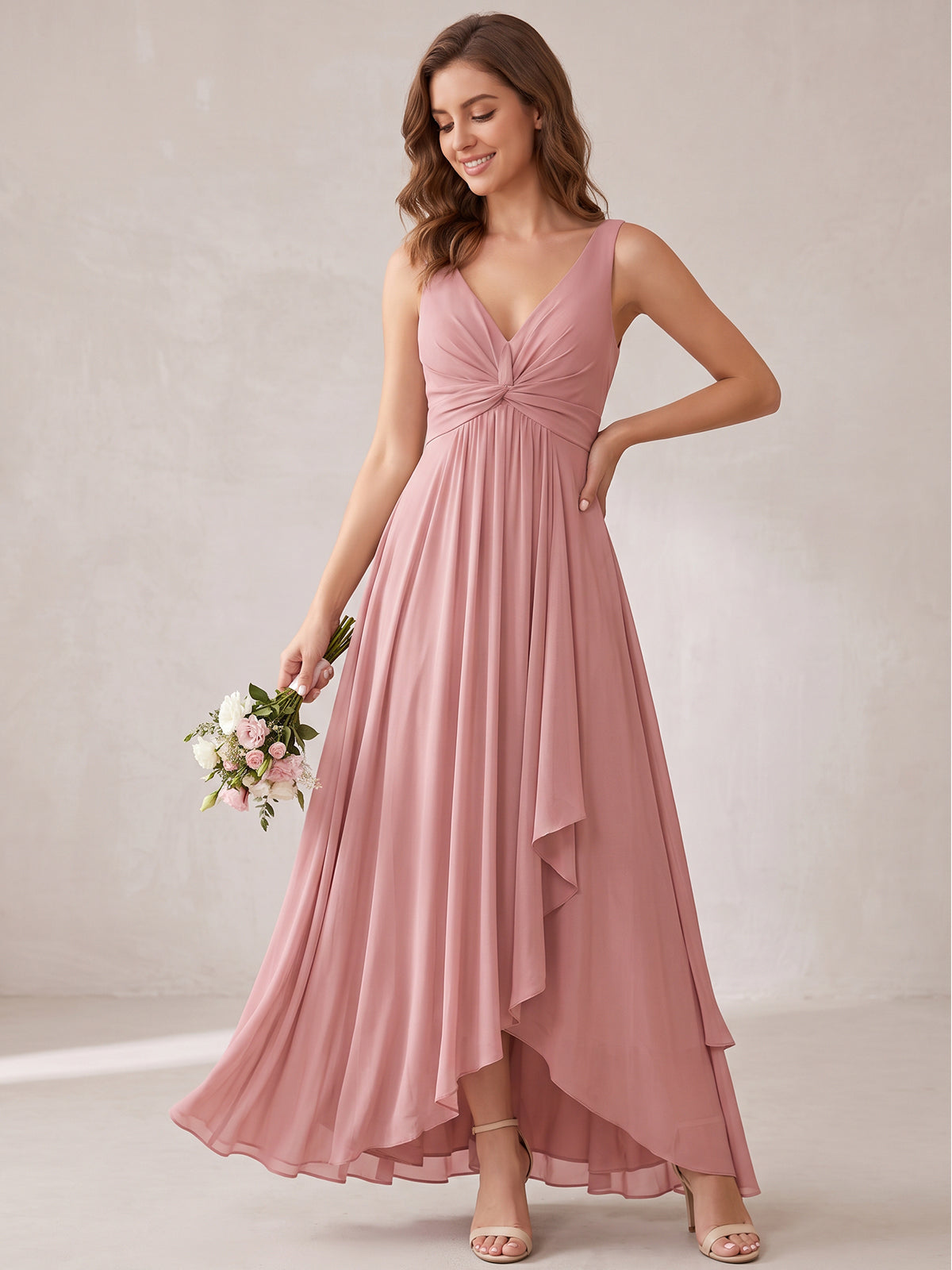 V-Neck High-Low Chiffon Bridesmaid Dress with Ruffles