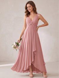 V-Neck High-Low Chiffon Bridesmaid Dress with Ruffles