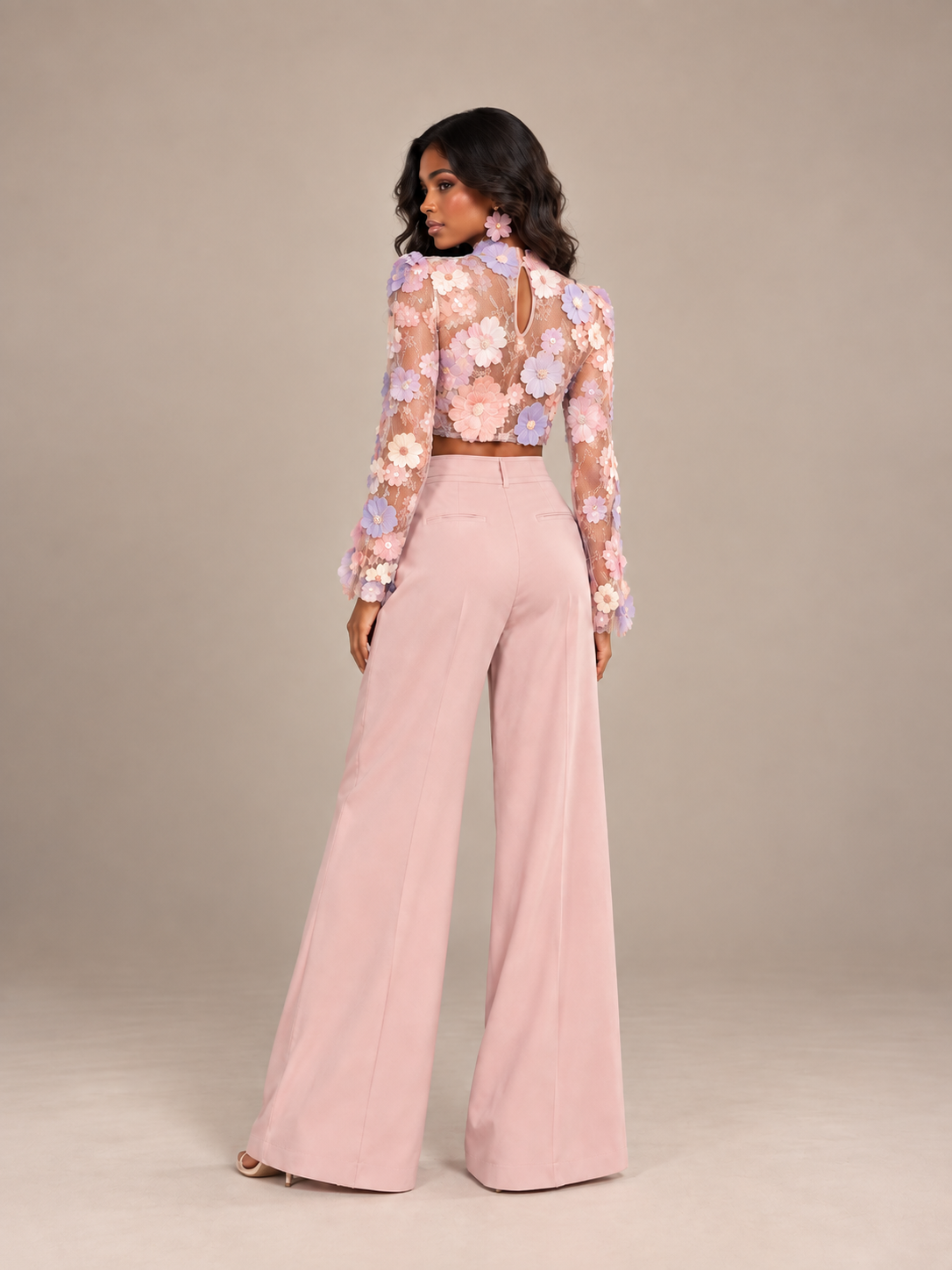 3D Floral Applique Crop Top & Wide Leg Pants Two Piece Set