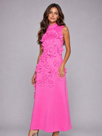 3D floral appliqué detail on Jovellee hot pink maxi dress