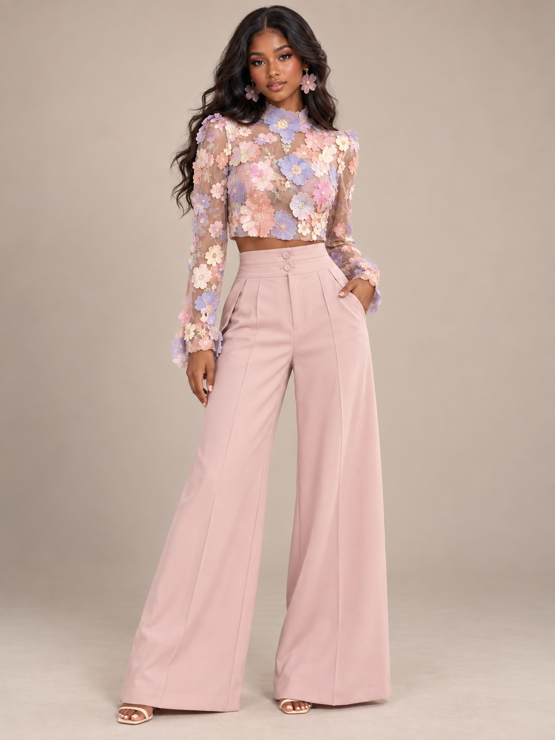 3D floral applique crop top and wide leg pants two piece set