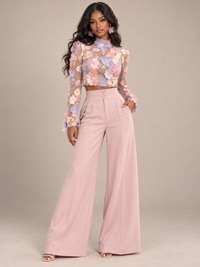 3D floral applique crop top and wide leg pants two piece set