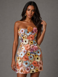 3D floral strapless neckline detail on Jovellee mini dress