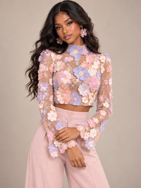 Pastel floral applique long sleeve crop top with pink wide leg pants