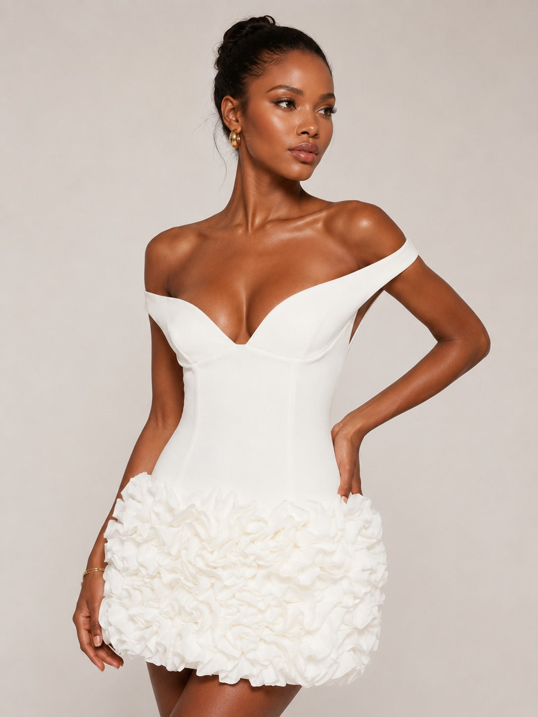 3D rosette floral skirt detail on ivory mini dress