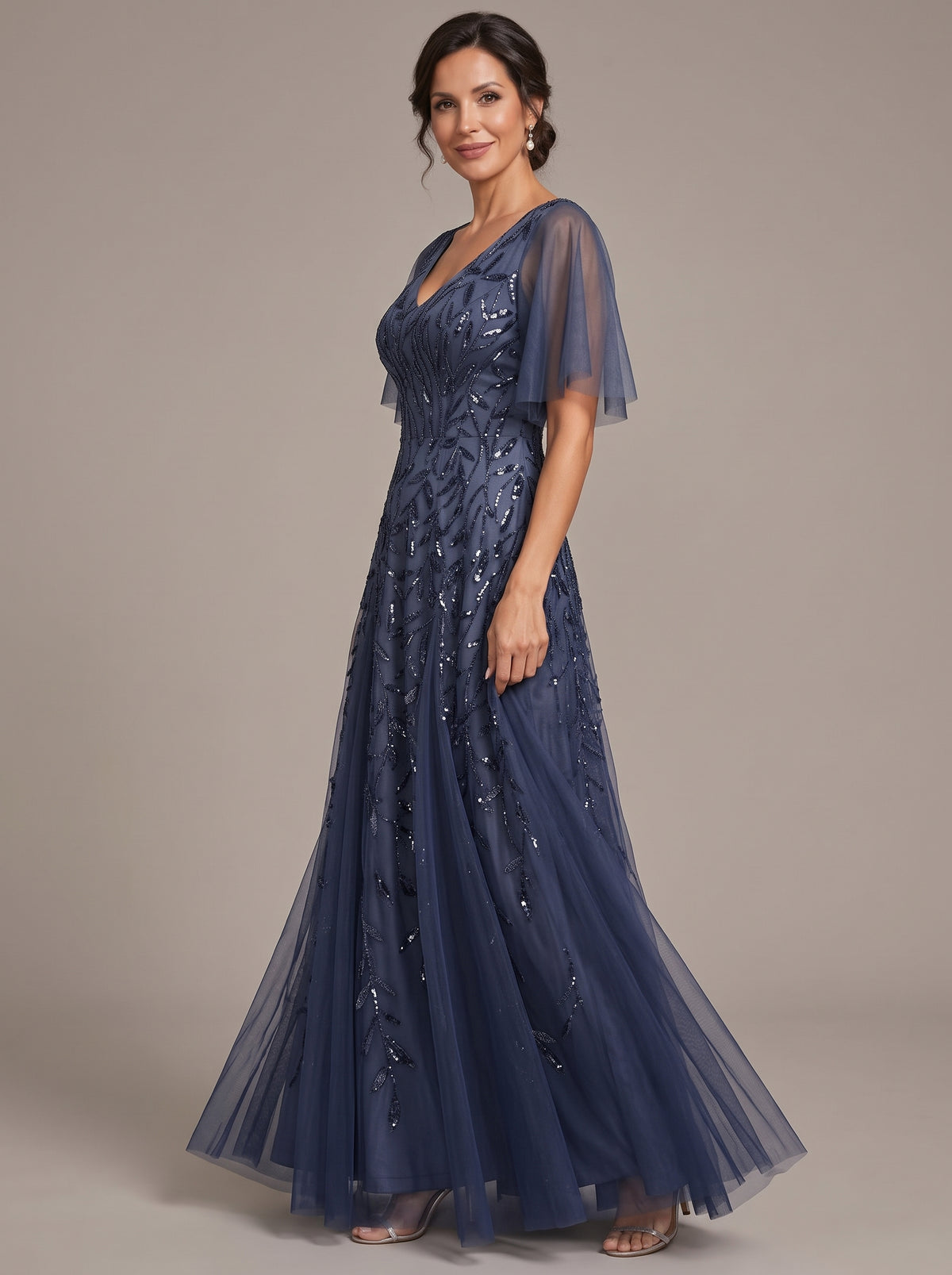 V-Neck Sequin Tulle Mother of the Bride Dress with Flutter Sleeve