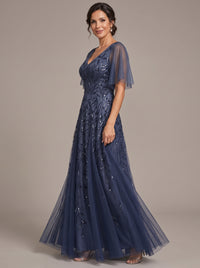 V-Neck Sequin Tulle Mother of the Bride Dress with Flutter Sleeve