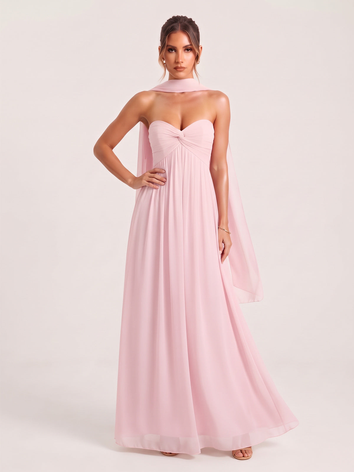 Strapless Ruched Chiffon Long Prom Dress with Scarf