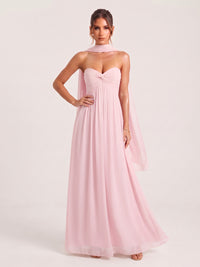 Strapless Ruched Chiffon Long Prom Dress with Scarf