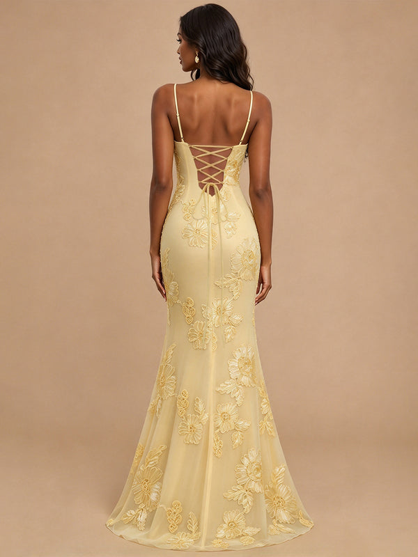 Floral Lace Mermaid Prom Dress Spaghetti Straps Side Slit Formal Gown