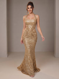 Gold Halter Sequin Mermaid Ruched Prom Dress Long Ruched Evening Gown