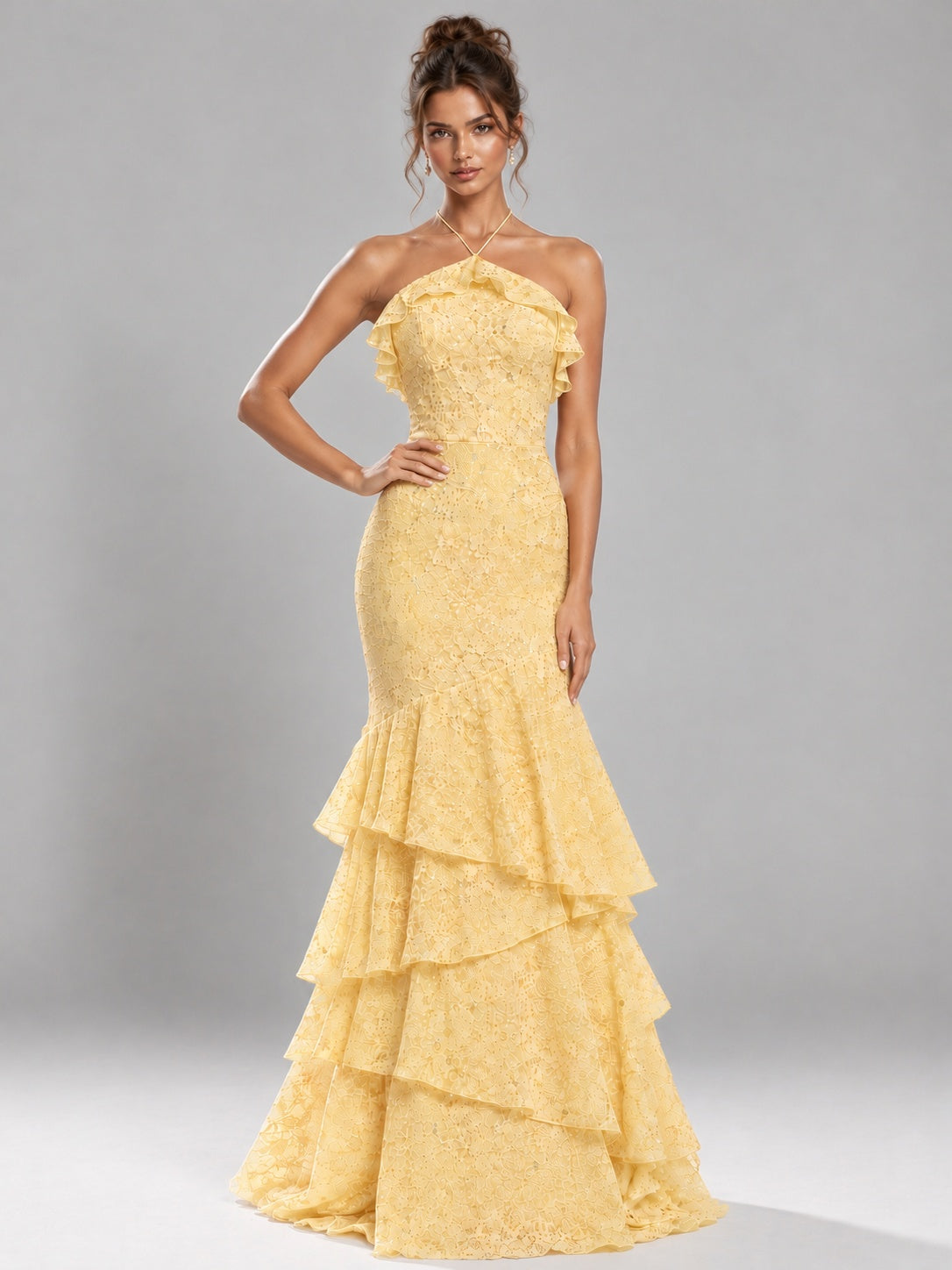 Halter Tiered Mermaid Prom Dress with Sparkly Lace