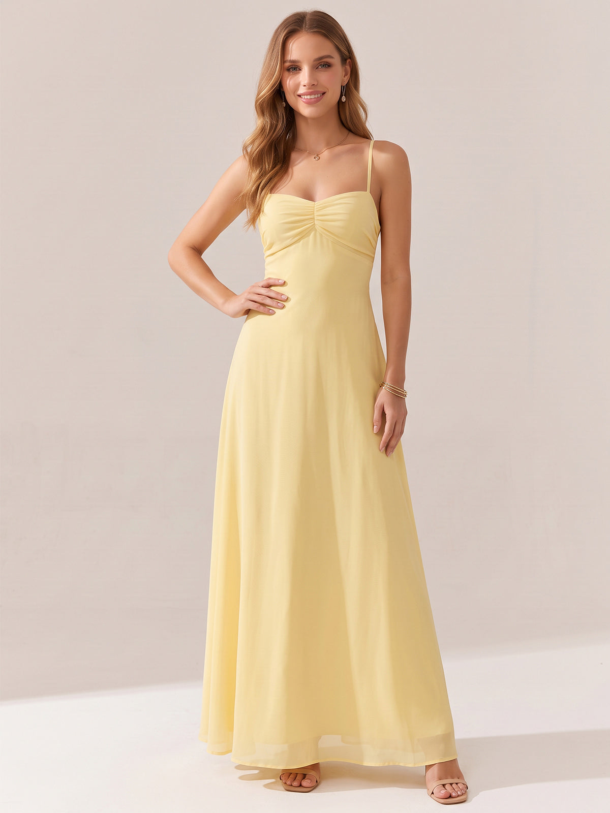 JOVELLEE Yellow Sweetheart Ruched Bust Chiffon Maxi Dress