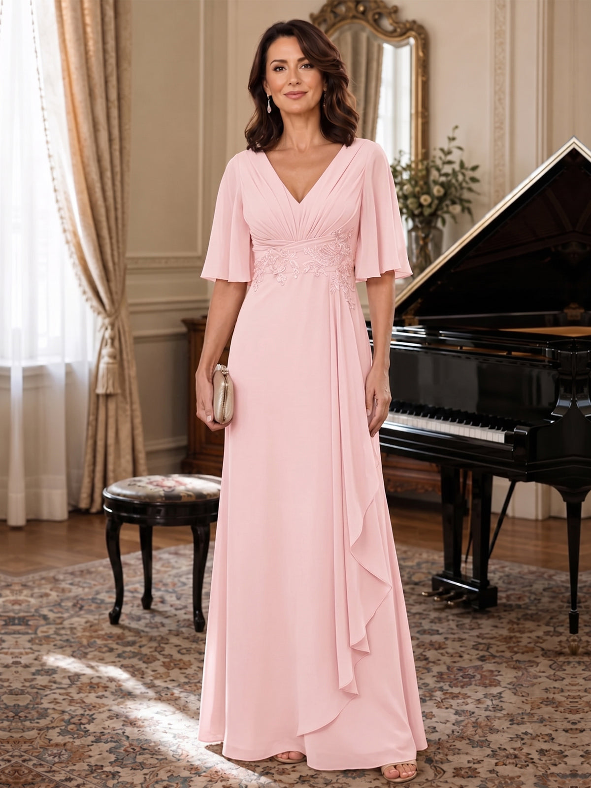 V-Neck Chiffon Lace Mother of the Bride Dresses