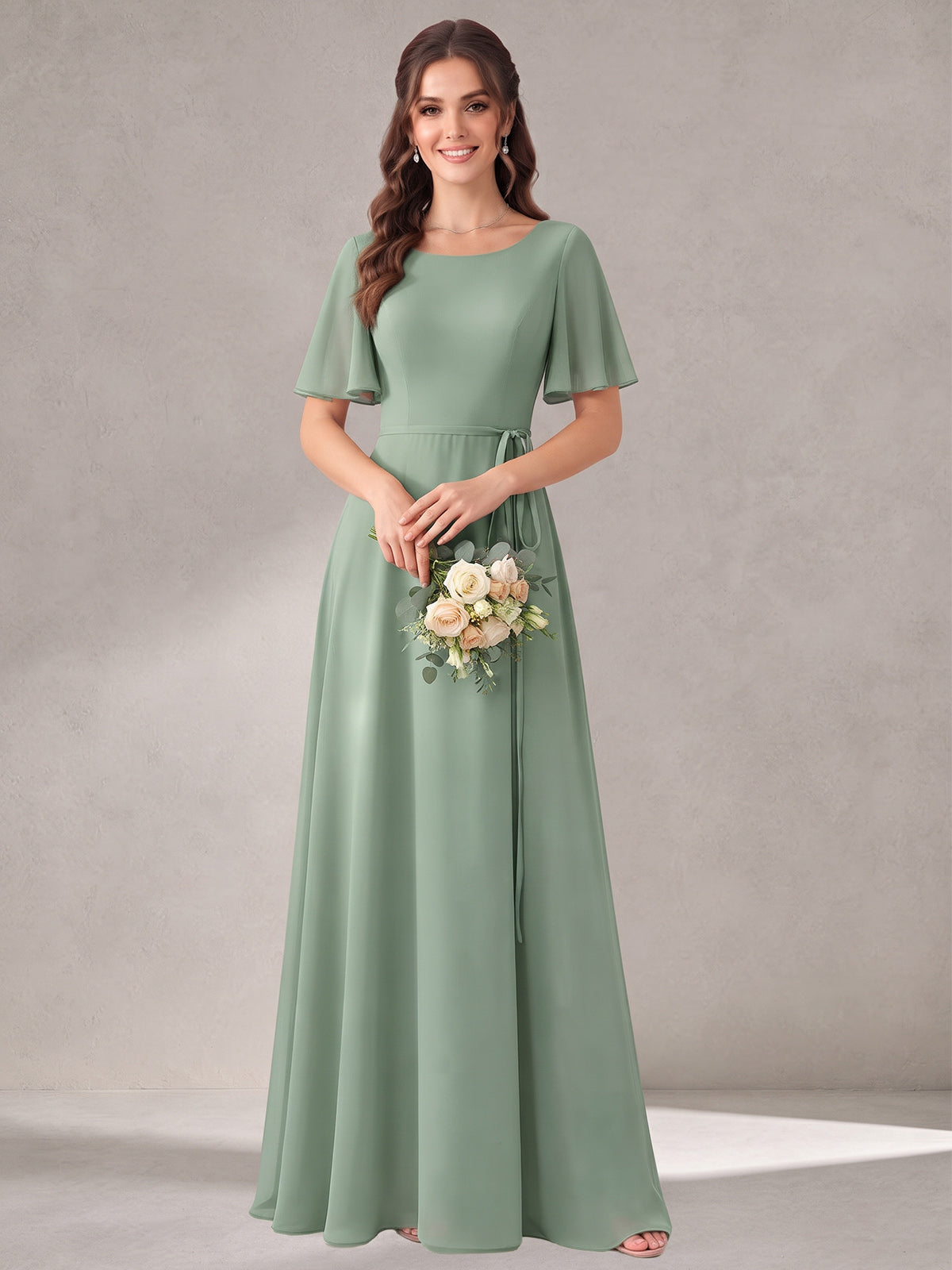 Scoop Neck A-line Chiffon Bridesmaid Dress with Flutter Sleeve & Belt