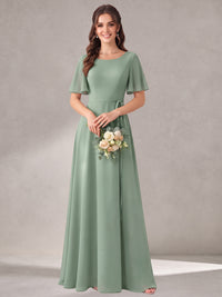 Scoop Neck A-line Chiffon Bridesmaid Dress with Flutter Sleeve & Belt