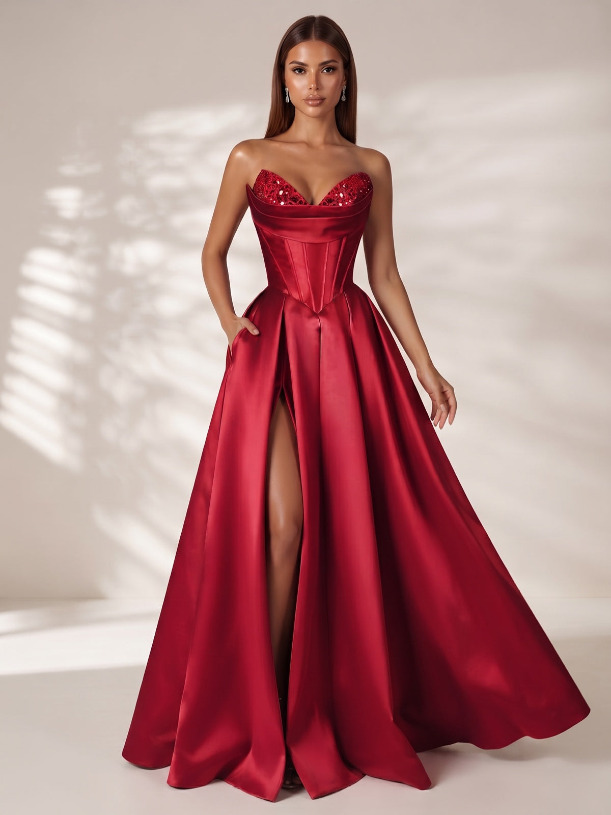 Strapless Corset Satin Prom Dress Long Evening Gown with High Slit
