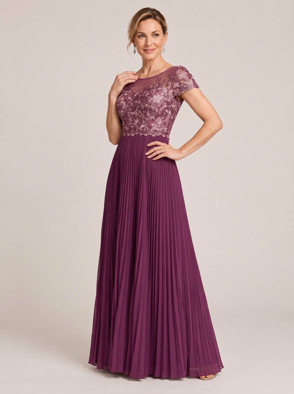 Embroidered Lace Pleated Mother of the Bride Dress