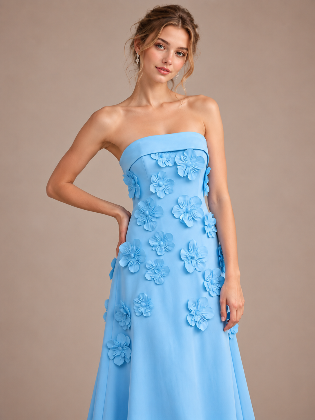 Yellow Strapless 3D Floral Appliques Maxi Dress