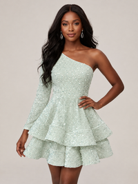 Mint Green One Shouler Sequin Homecoming Dress with Long Sleeve Sparkly Puffy Tiered Mini Prom Dress Cocktail Party Gown