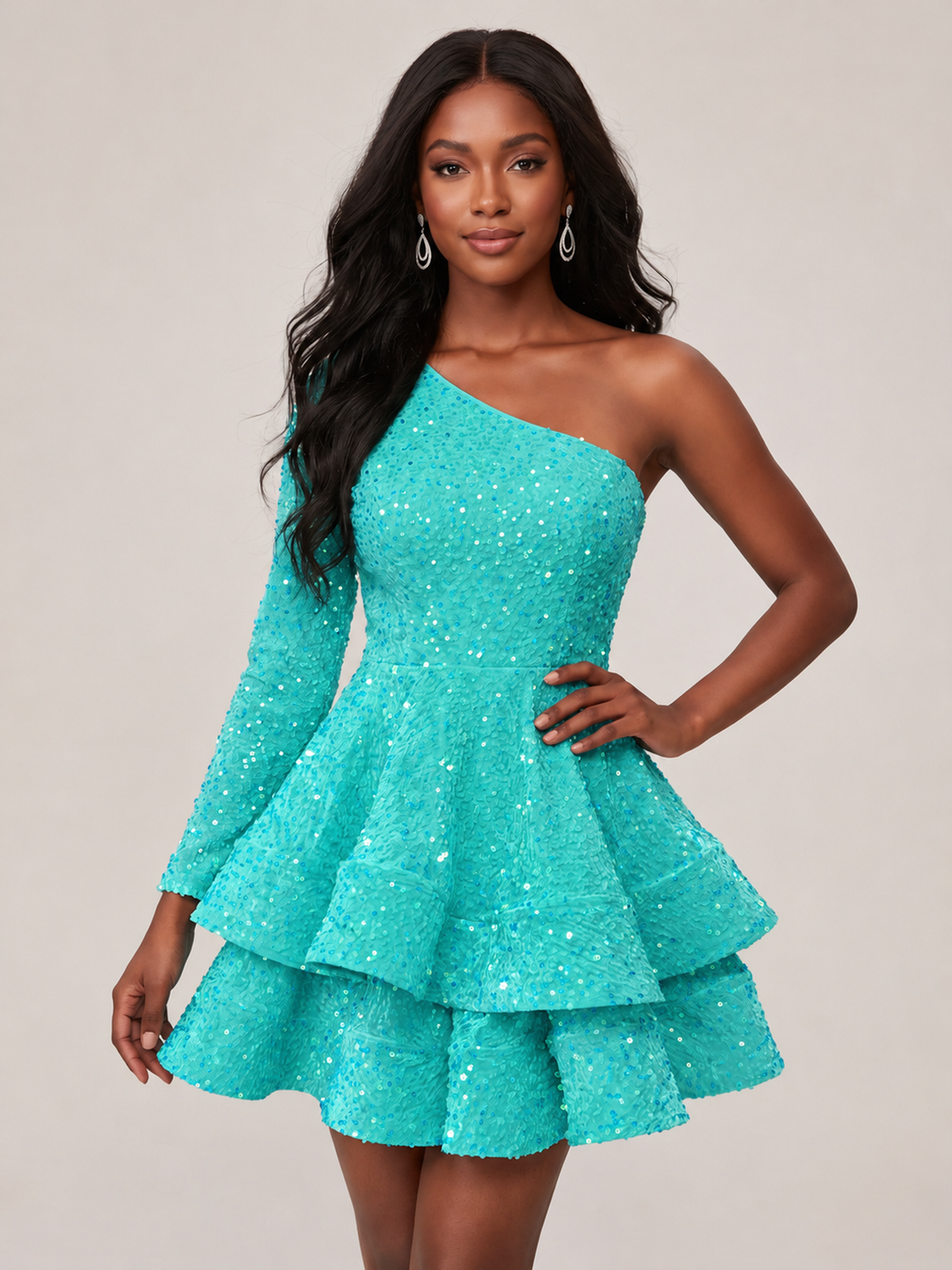 Turquoise One Shouler Sequin Homecoming Dress with Long Sleeve Sparkly Puffy Tiered Mini Prom Dress Cocktail Party Gown