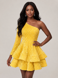 Yellow One Shouler Sequin Homecoming Dress with Long Sleeve Sparkly Puffy Tiered Mini Prom Dress Cocktail Party Gown