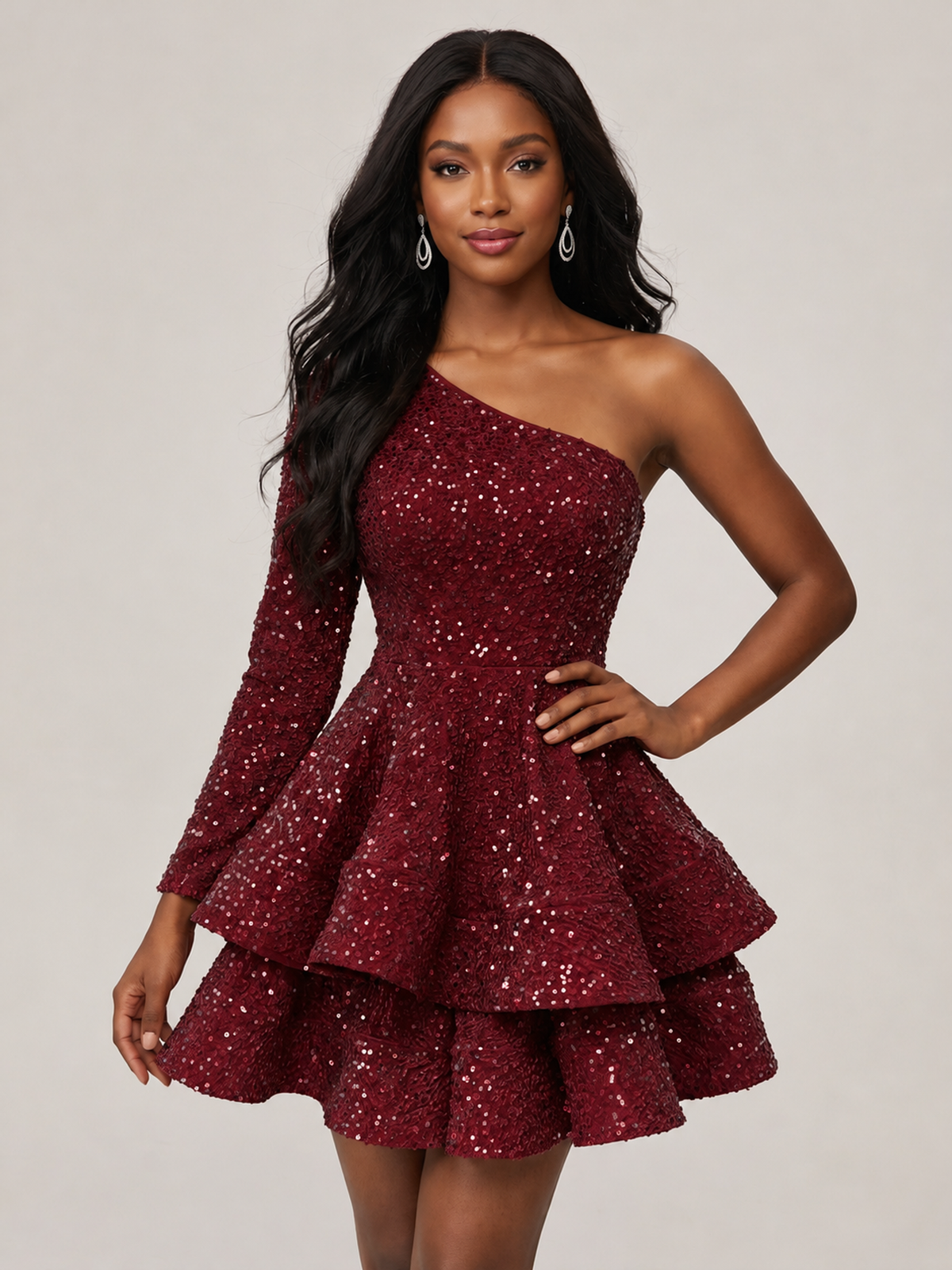 Burgundy One Shouler Sequin Homecoming Dress with Long Sleeve Sparkly Puffy Tiered Mini Prom Dress Cocktail Party Gown