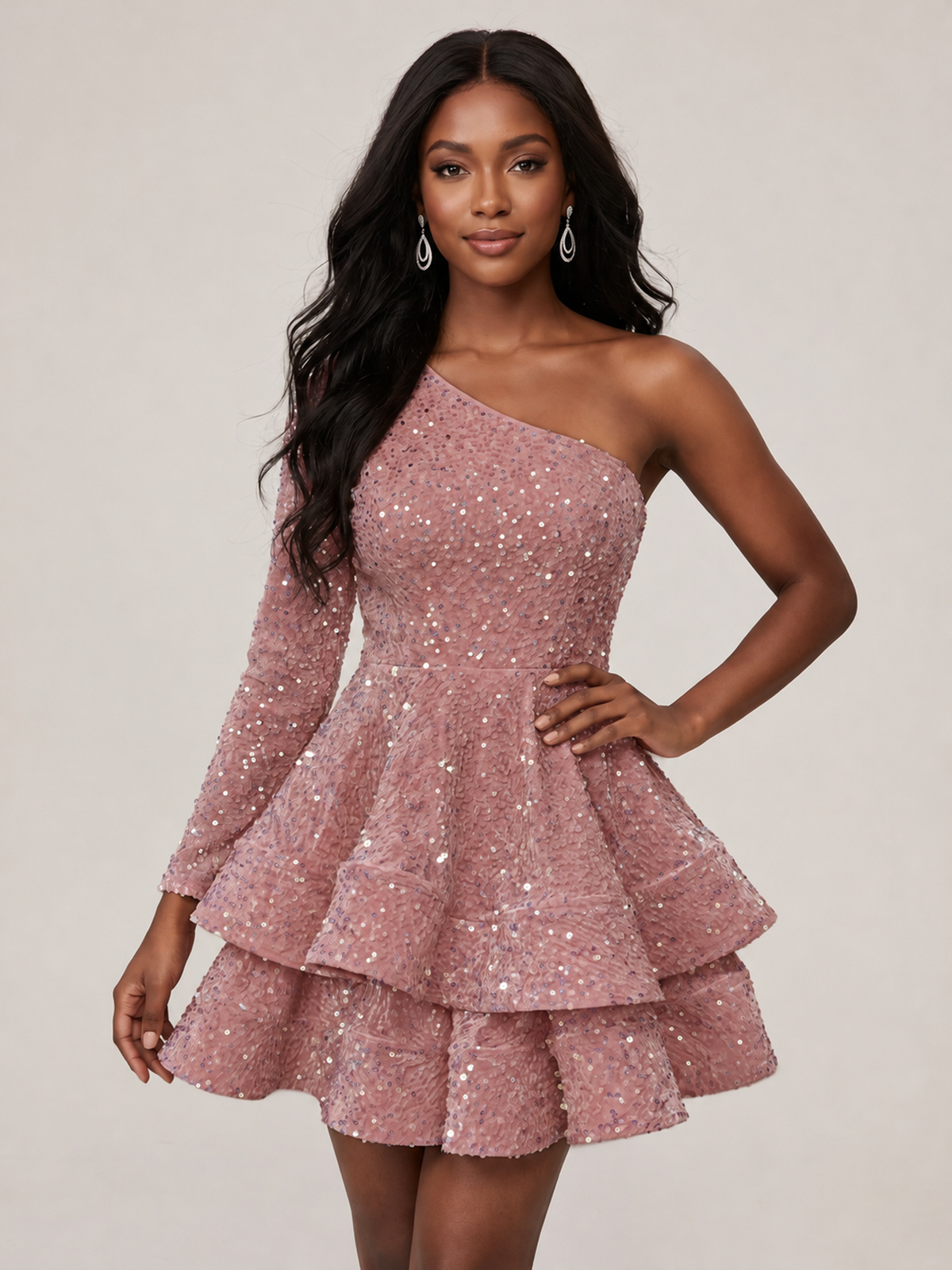Dusty Rose One Shouler Sequin Homecoming Dress with Long Sleeve Sparkly Puffy Tiered Mini Prom Dress Cocktail Party Gown