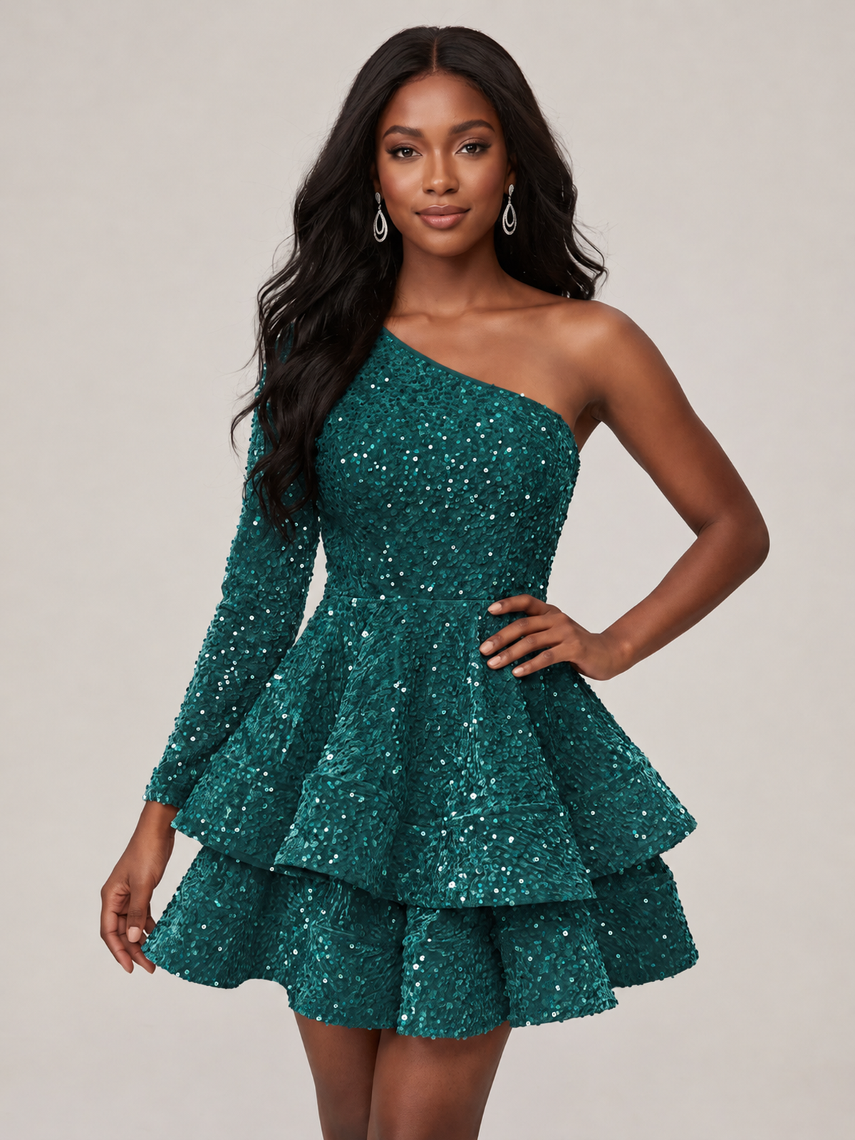 Peacock One Shouler Sequin Homecoming Dress with Long Sleeve Sparkly Puffy Tiered Mini Prom Dress Cocktail Party Gown