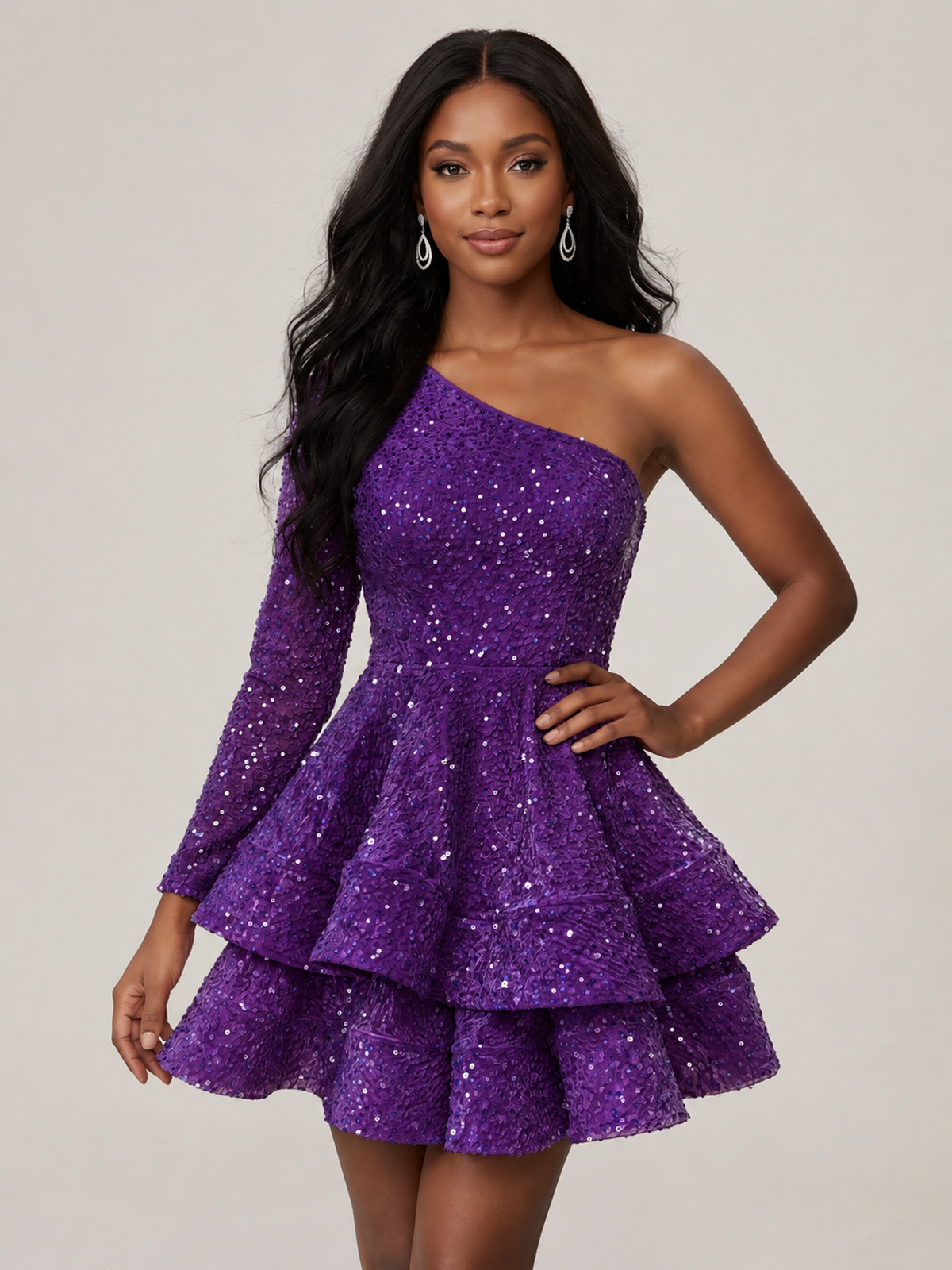 Purple One Shouler Sequin Homecoming Dress with Long Sleeve Sparkly Puffy Tiered Mini Prom Dress Cocktail Party Gown