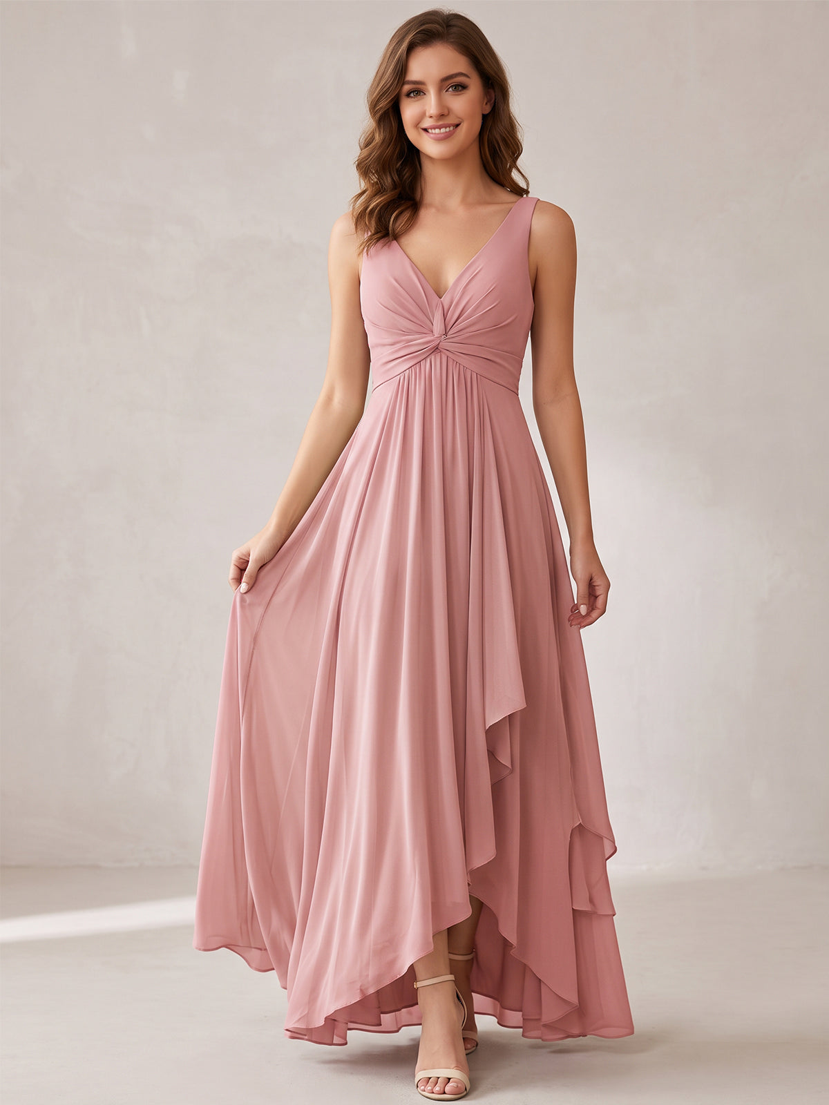 V-Neck High-Low Chiffon Bridesmaid Dress with Ruffles
